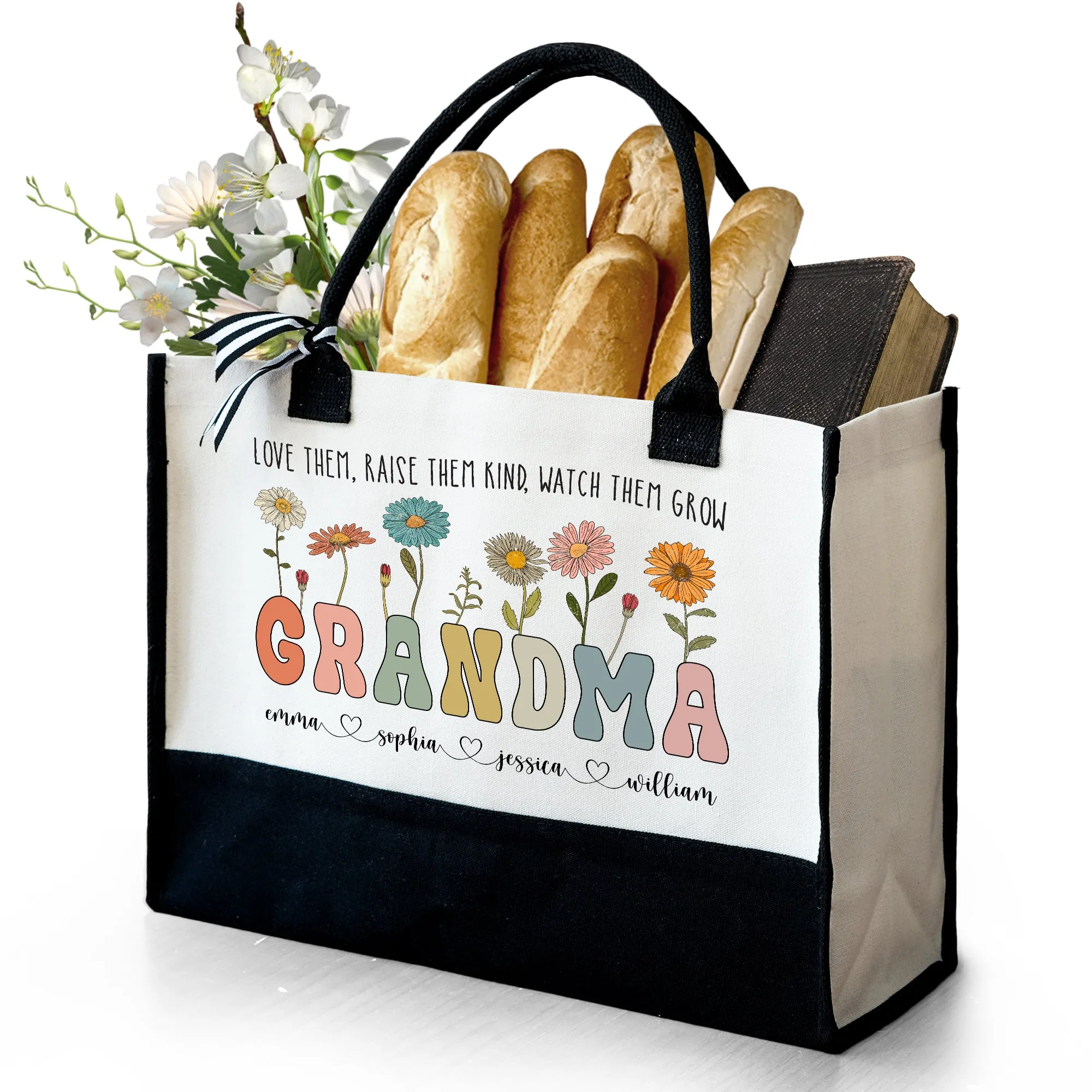 Grandma Wild Floral Custom Grandkids' Names - Personalized Canvas Tote Bag