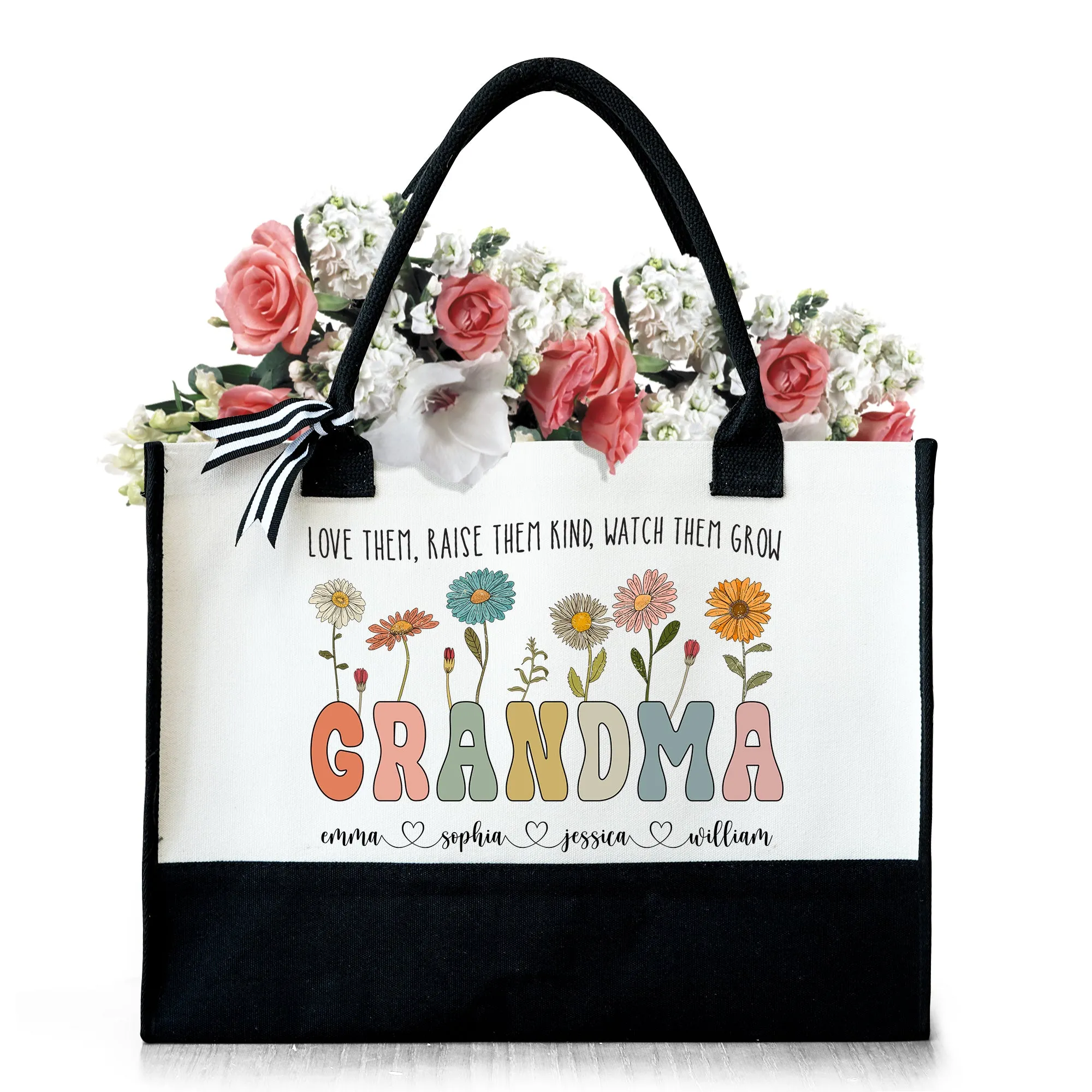 Grandma Wild Floral Custom Grandkids' Names - Personalized Canvas Tote Bag