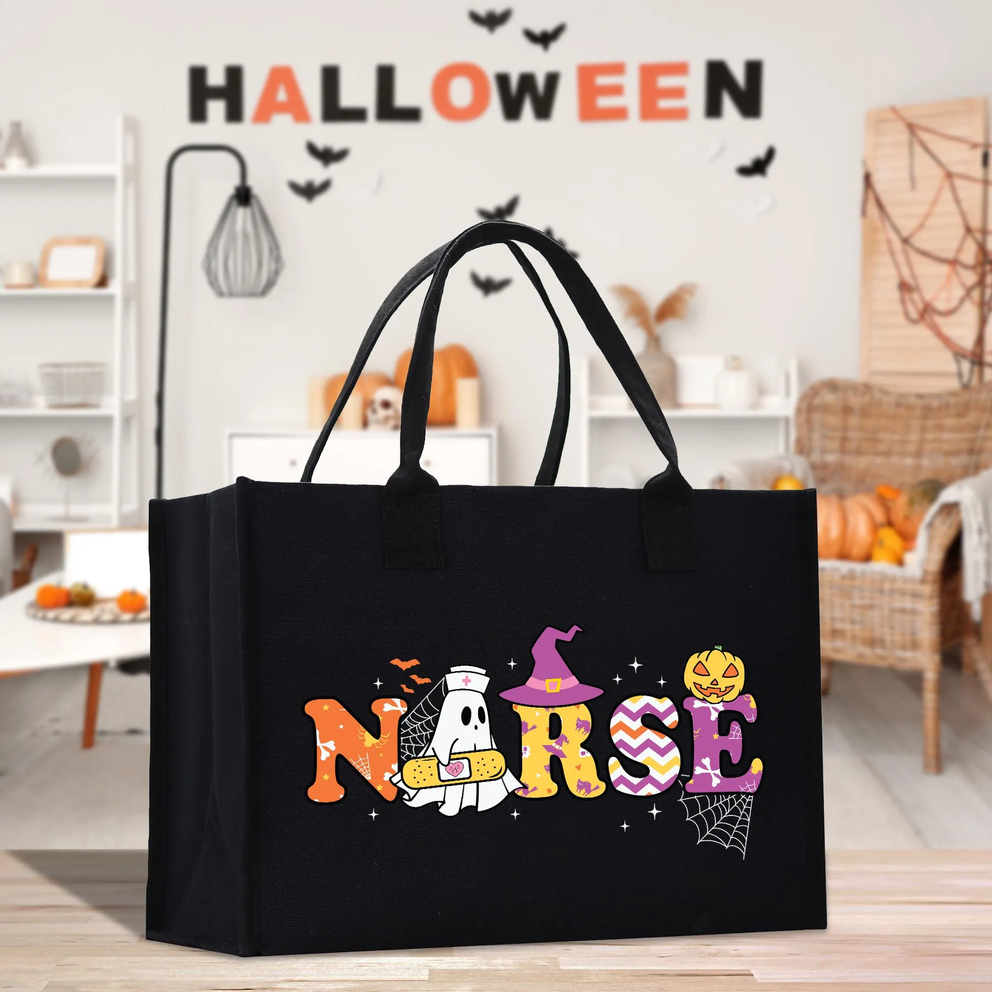 Halloween Trick or Treat Tote Bag Halloween Bag for Kids Halloween Gift Halloween Candy Bag Halloween Doodles Cute Canvas Tote Bag (HW1027)