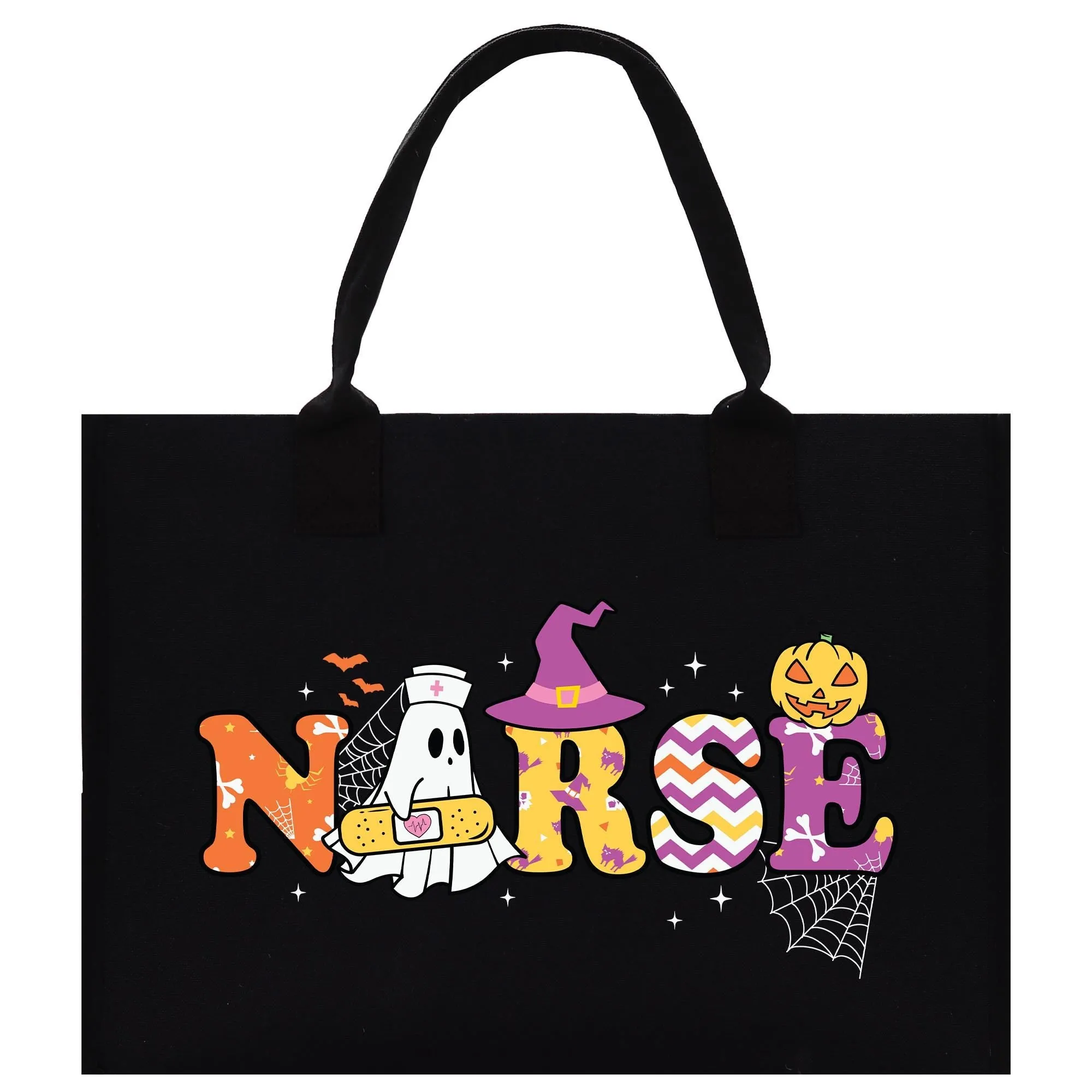 Halloween Trick or Treat Tote Bag Halloween Bag for Kids Halloween Gift Halloween Candy Bag Halloween Doodles Cute Canvas Tote Bag (HW1027)