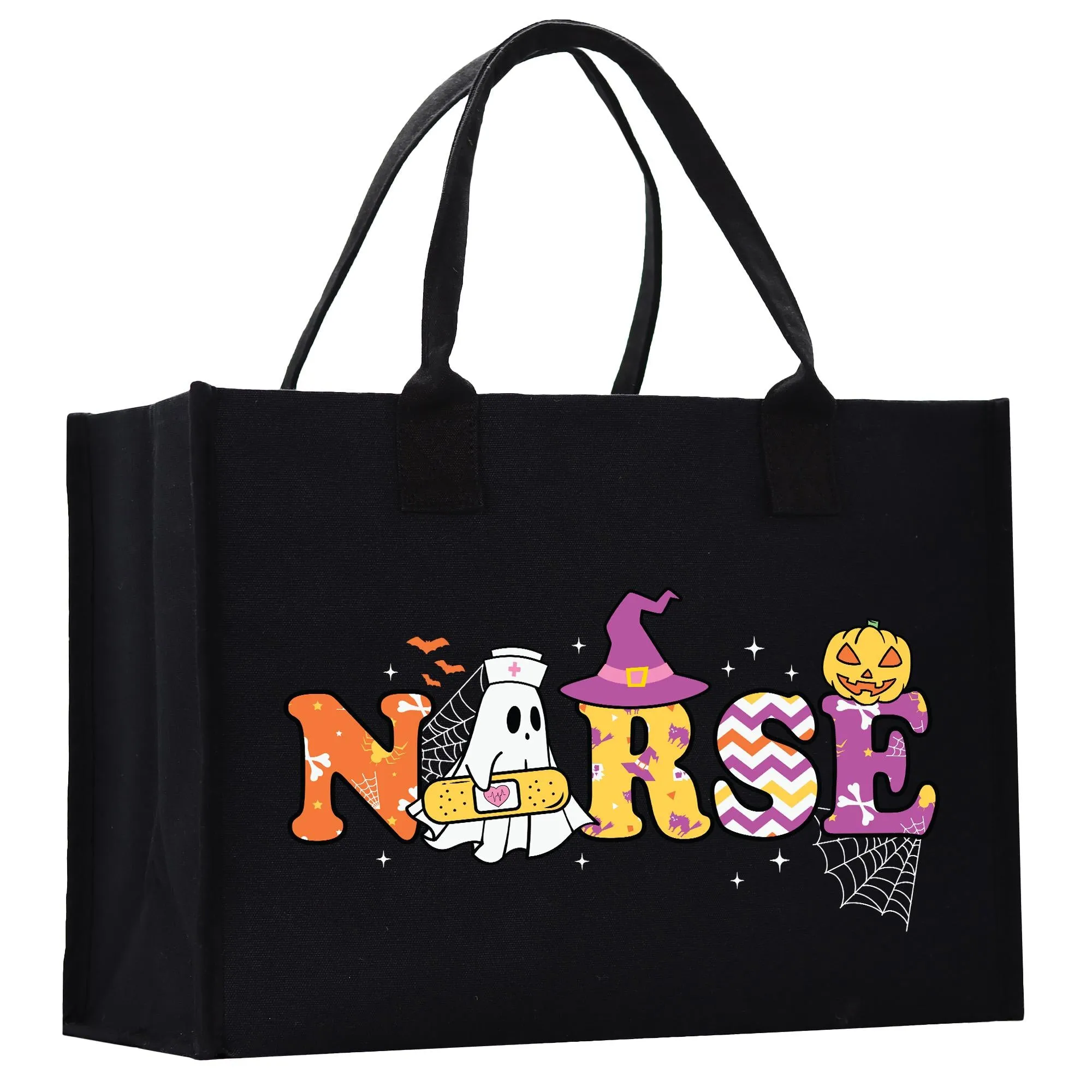 Halloween Trick or Treat Tote Bag Halloween Bag for Kids Halloween Gift Halloween Candy Bag Halloween Doodles Cute Canvas Tote Bag (HW1027)
