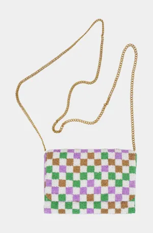 Hemline Exclusive Mardi Gras Checkered Clutch Beaded Bag w/ Chain Strap