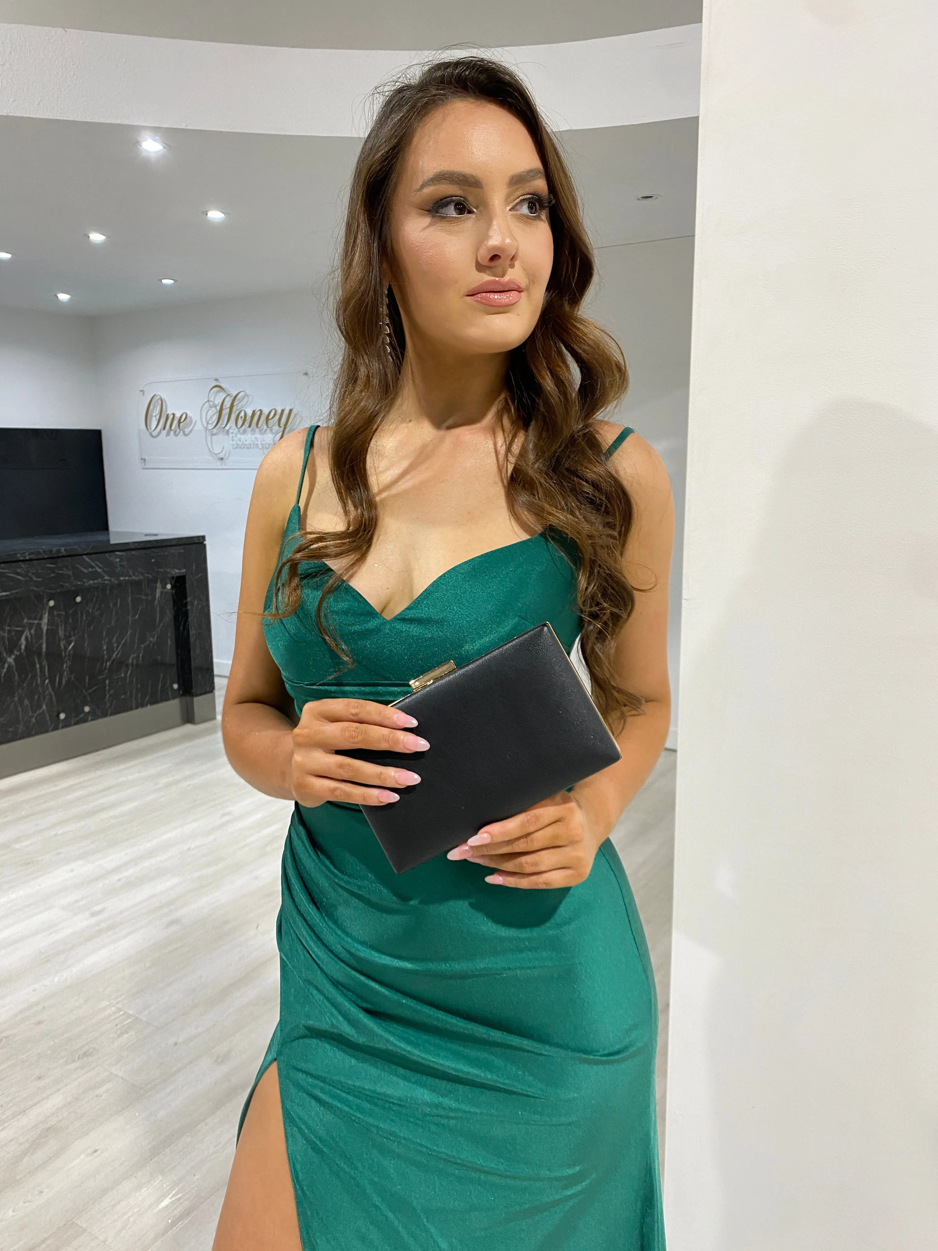 Honey Couture TORI Box Clutch with Rose Gold Metallic Trim