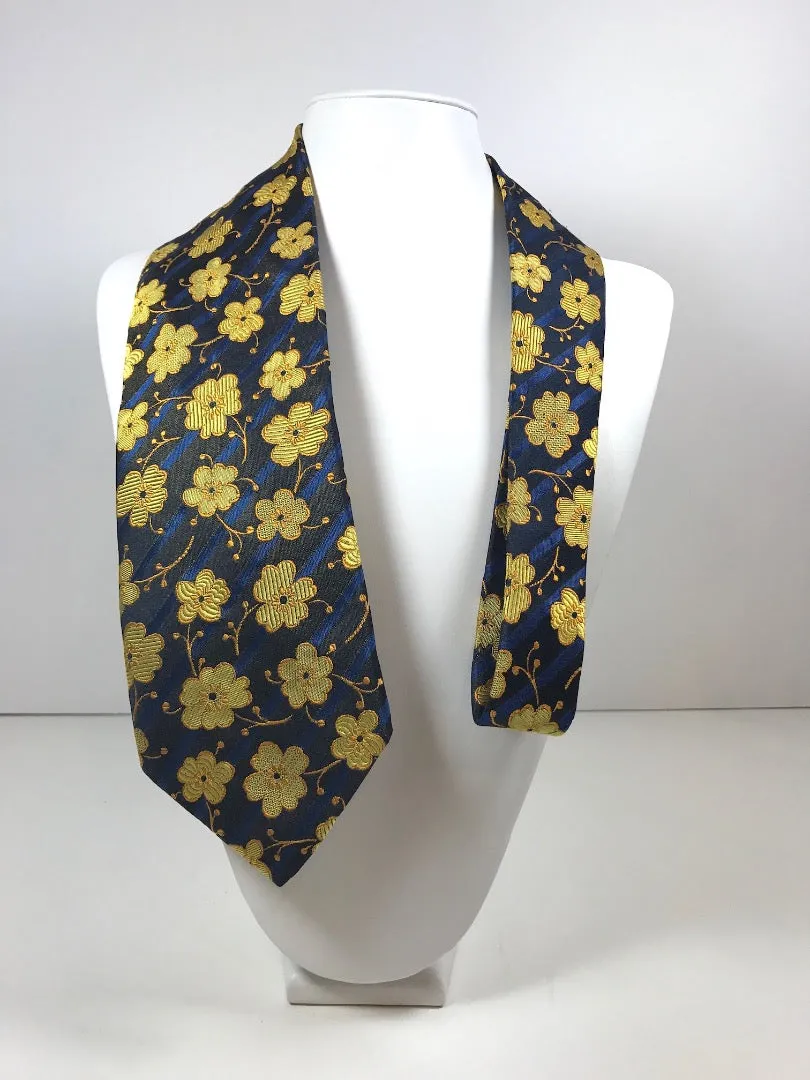 KENZO HOMME Blue Silk Tie with Yellow Floral Pattern 58 In.