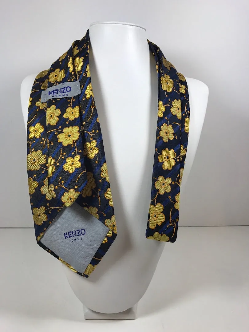 KENZO HOMME Blue Silk Tie with Yellow Floral Pattern 58 In.