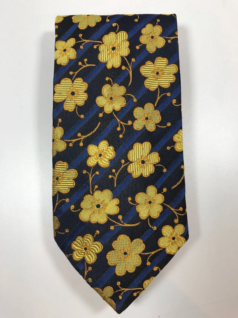 KENZO HOMME Blue Silk Tie with Yellow Floral Pattern 58 In.