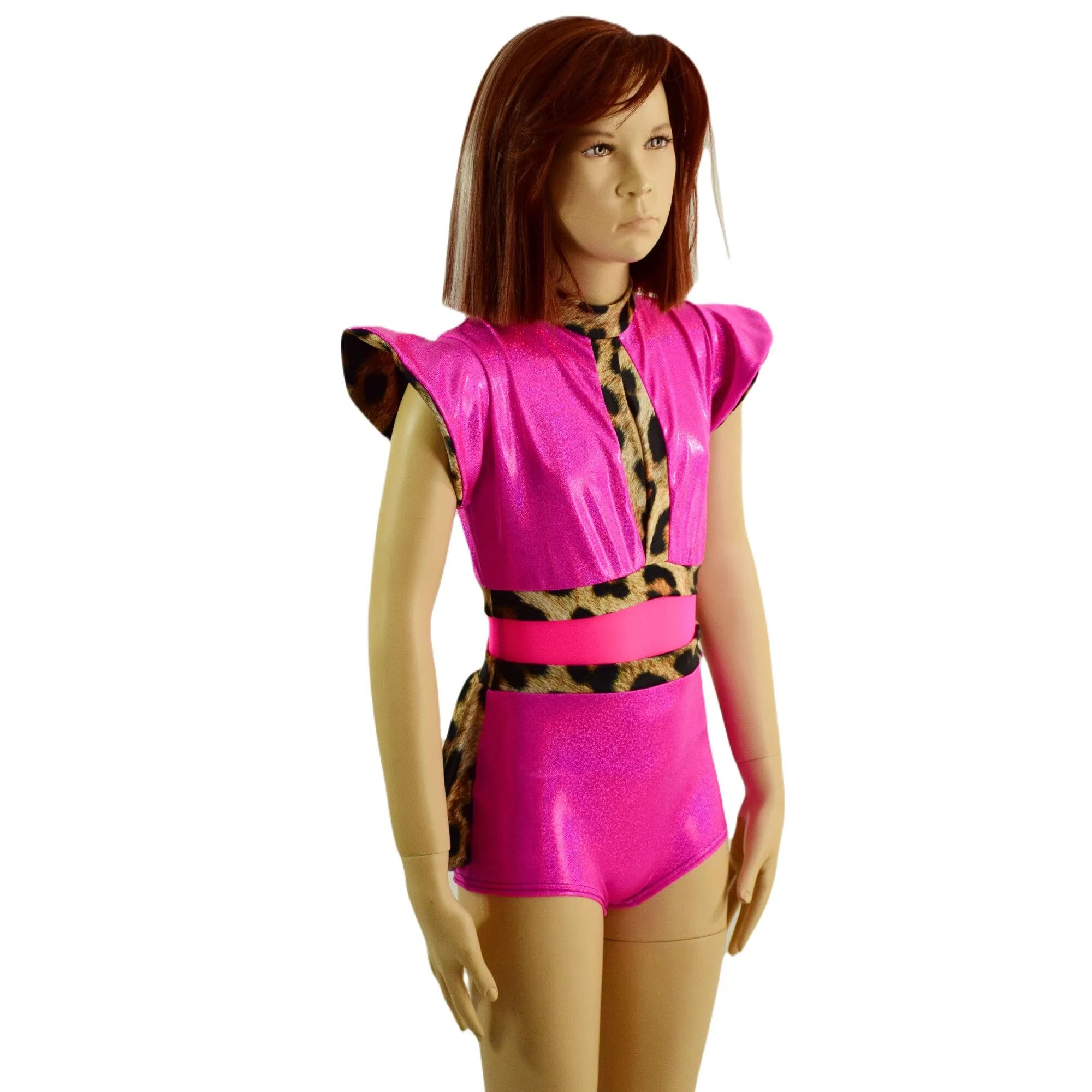 Kids Neon Pink and Leopard Print Keyhole Romper with Ruffle Rump