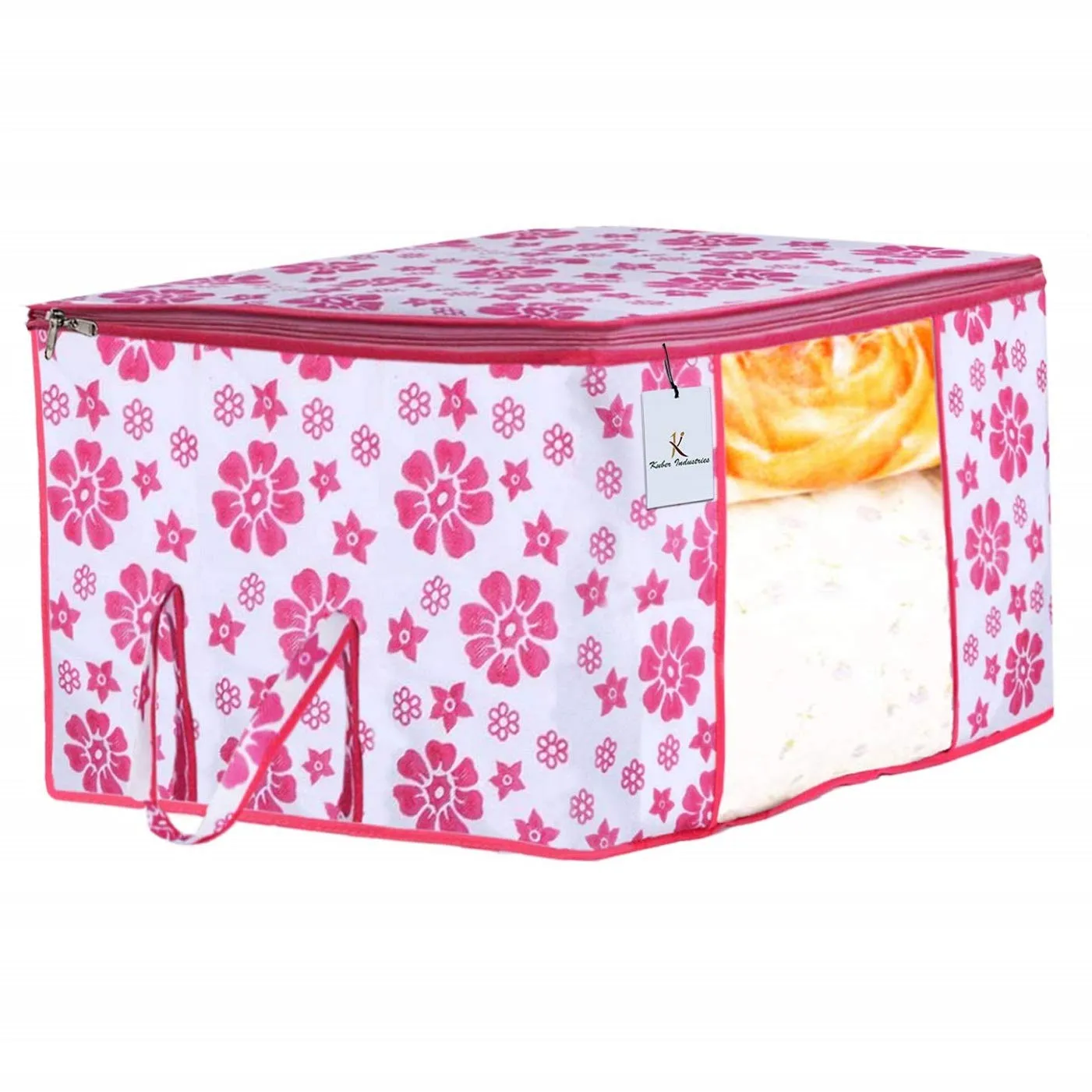 Kuber Industries Flower Design 2 Piece Non Woven Fabric Underbed Storage Bag,Cloth Organiser,Blanket Cover with Transparent Window, Pink & Blue -CTKTC41042