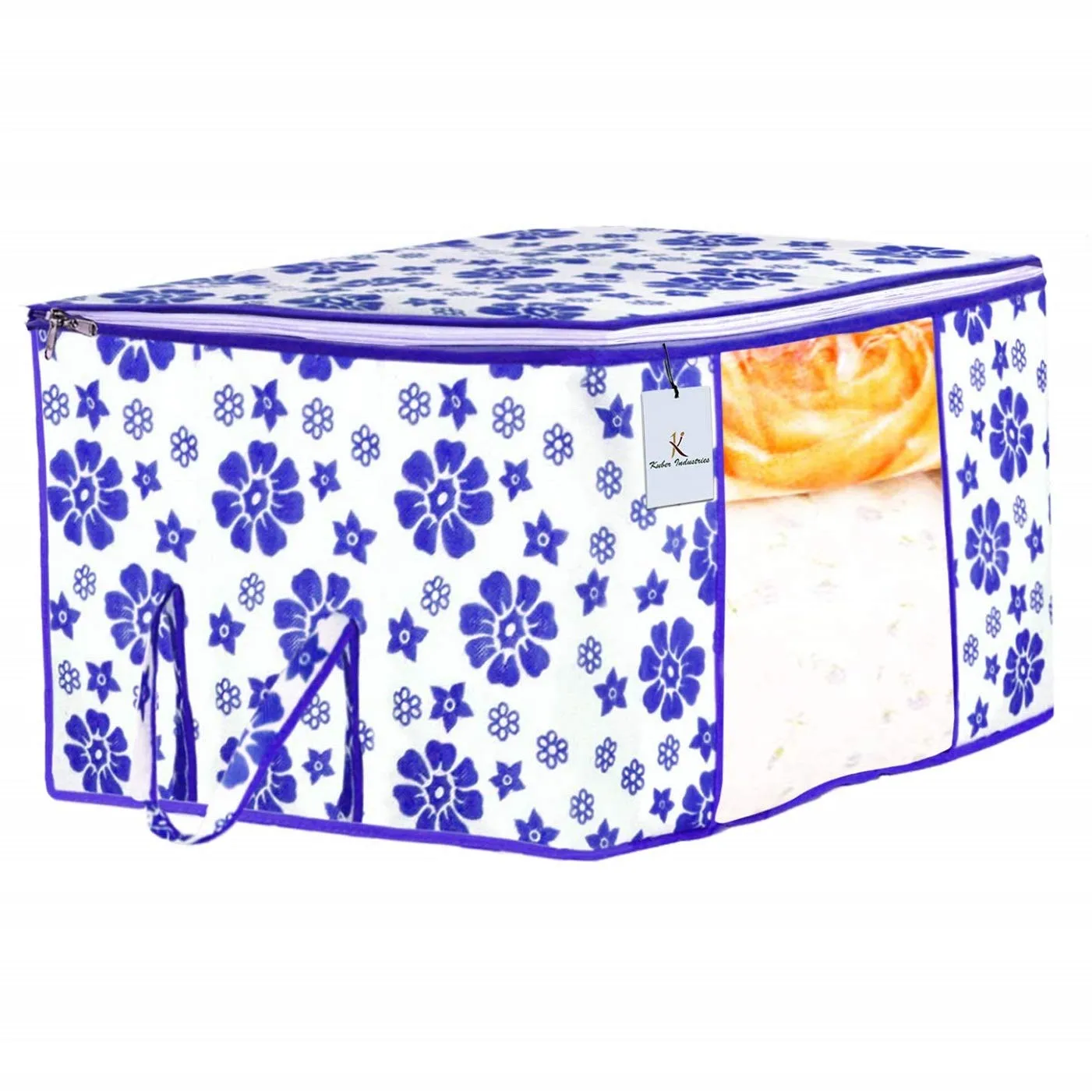 Kuber Industries Flower Design 2 Piece Non Woven Fabric Underbed Storage Bag,Cloth Organiser,Blanket Cover with Transparent Window, Pink & Blue -CTKTC41042