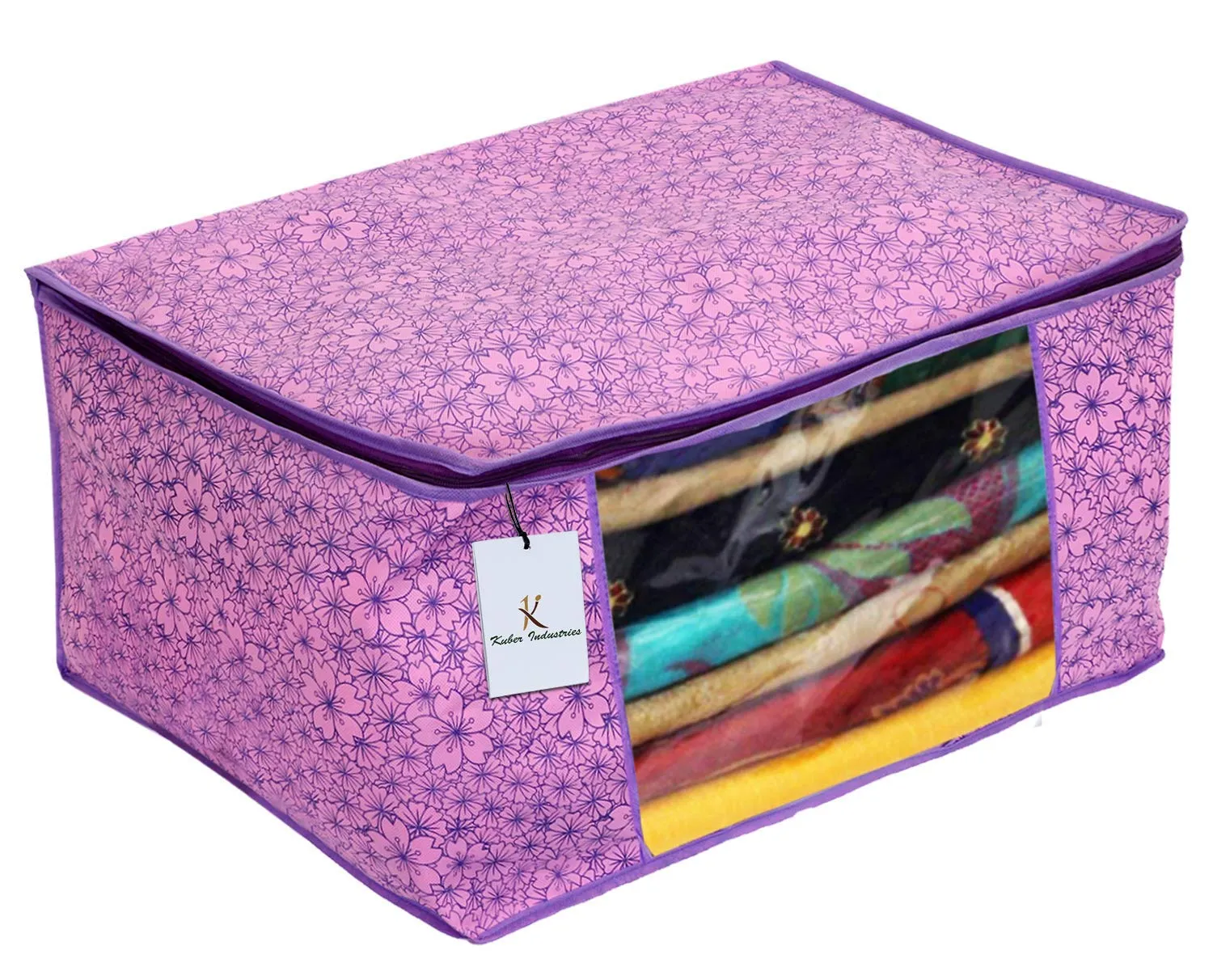 Kuber Industries Metallic Flower Design 12 Piece Non Woven Saree Cover, Large(Pink & Purple) - CTKTC034553