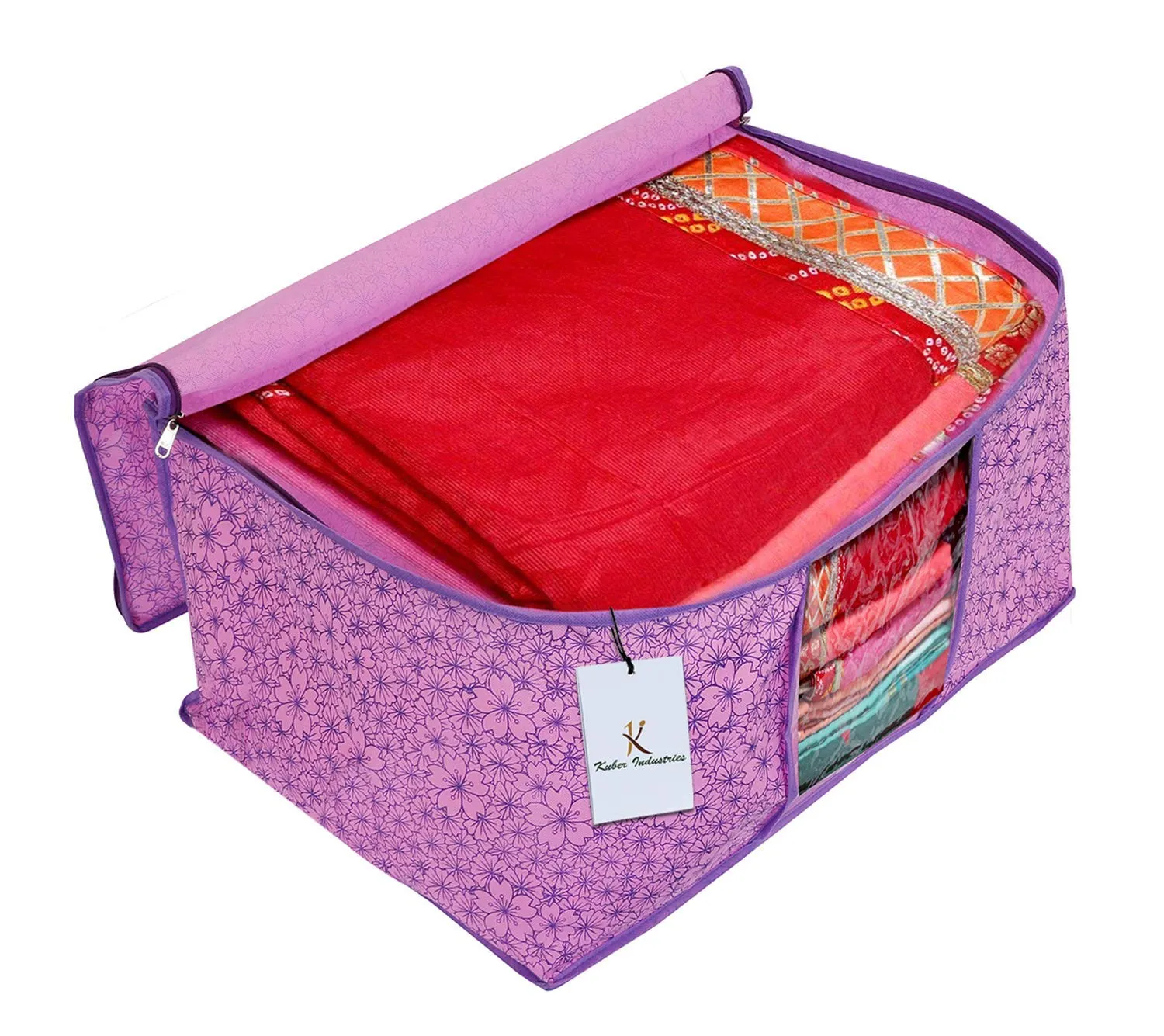 Kuber Industries Metallic Flower Design 12 Piece Non Woven Saree Cover, Large(Pink & Purple) - CTKTC034553