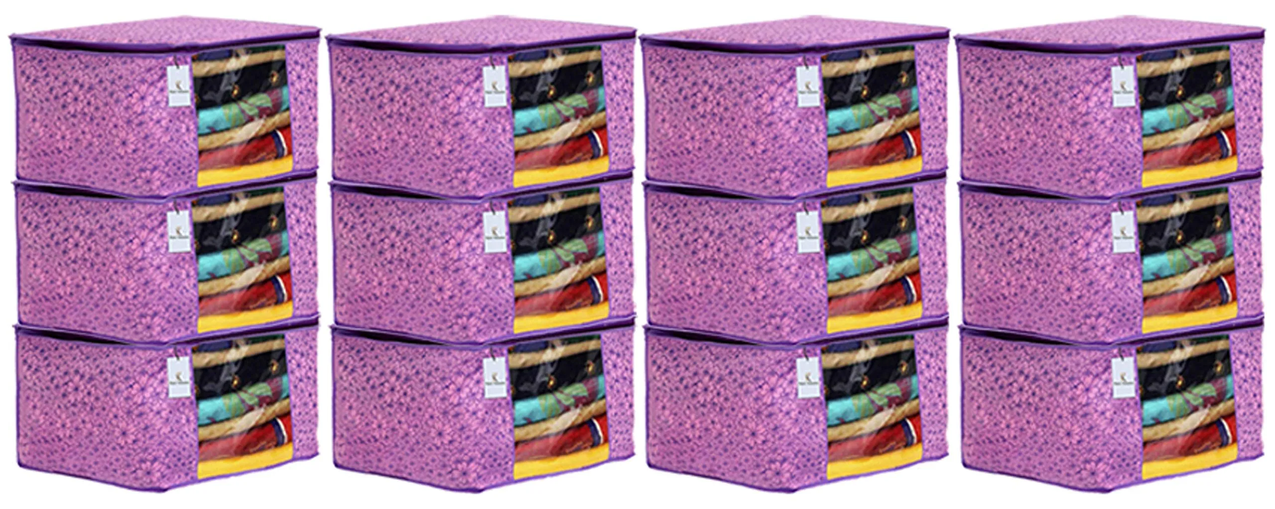Kuber Industries Metallic Flower Design 12 Piece Non Woven Saree Cover, Large(Pink & Purple) - CTKTC034553
