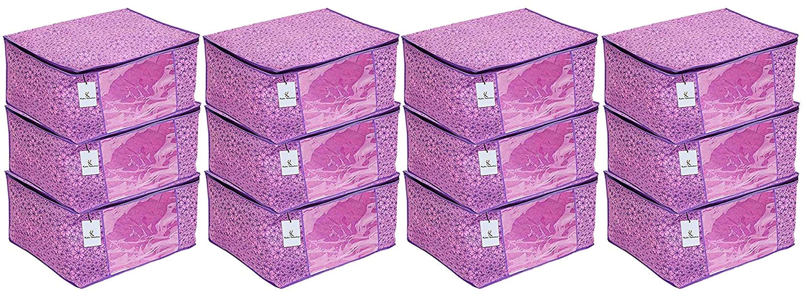 Kuber Industries Metallic Flower Design 12 Piece Non Woven Saree Cover, Large(Pink & Purple) - CTKTC034553