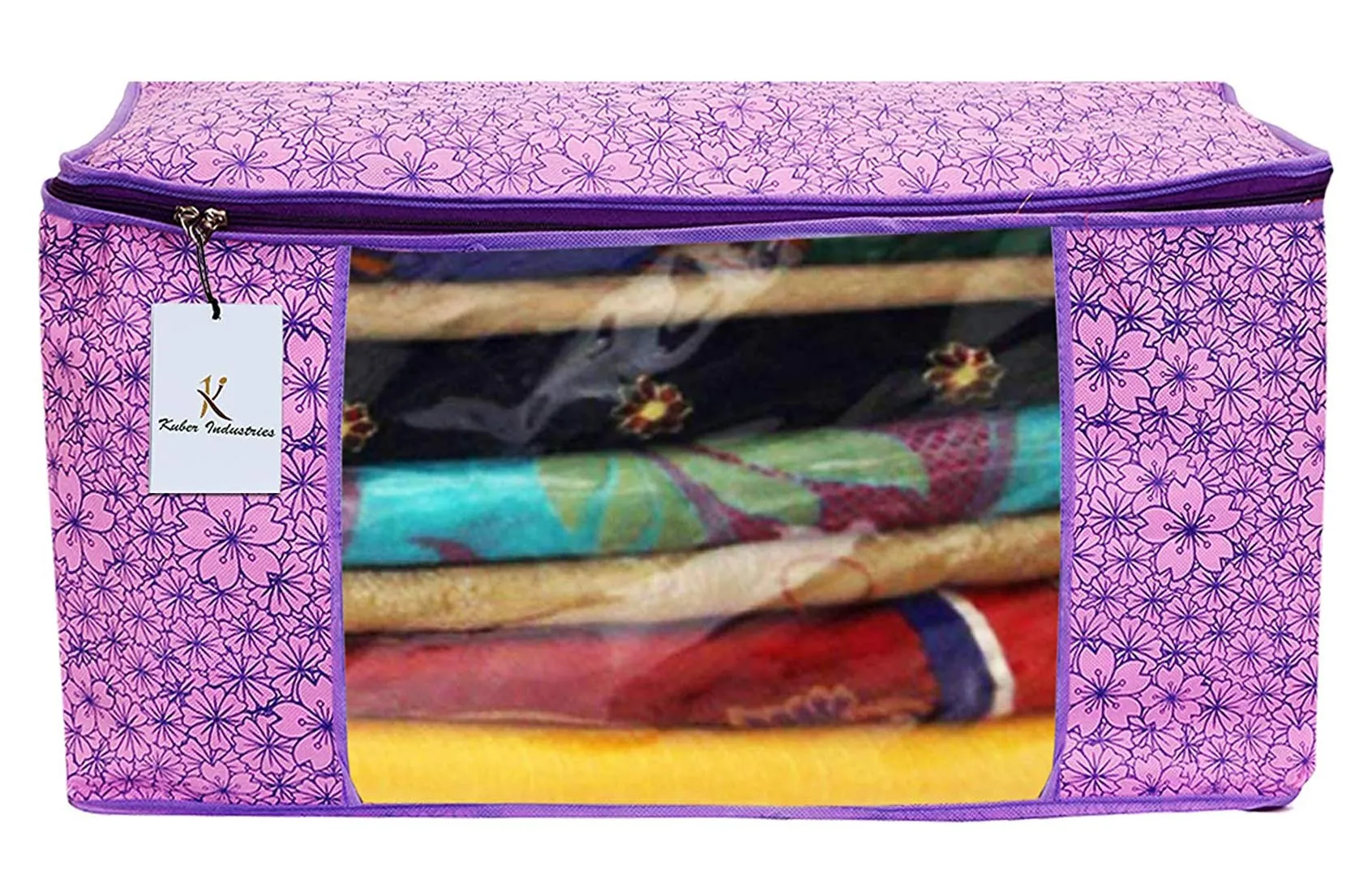 Kuber Industries Metallic Flower Design 12 Piece Non Woven Saree Cover, Large(Pink & Purple) - CTKTC034553