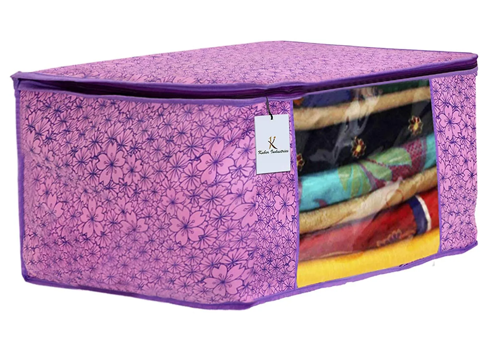 Kuber Industries Metallic Flower Design 12 Piece Non Woven Saree Cover, Large(Pink & Purple) - CTKTC034553