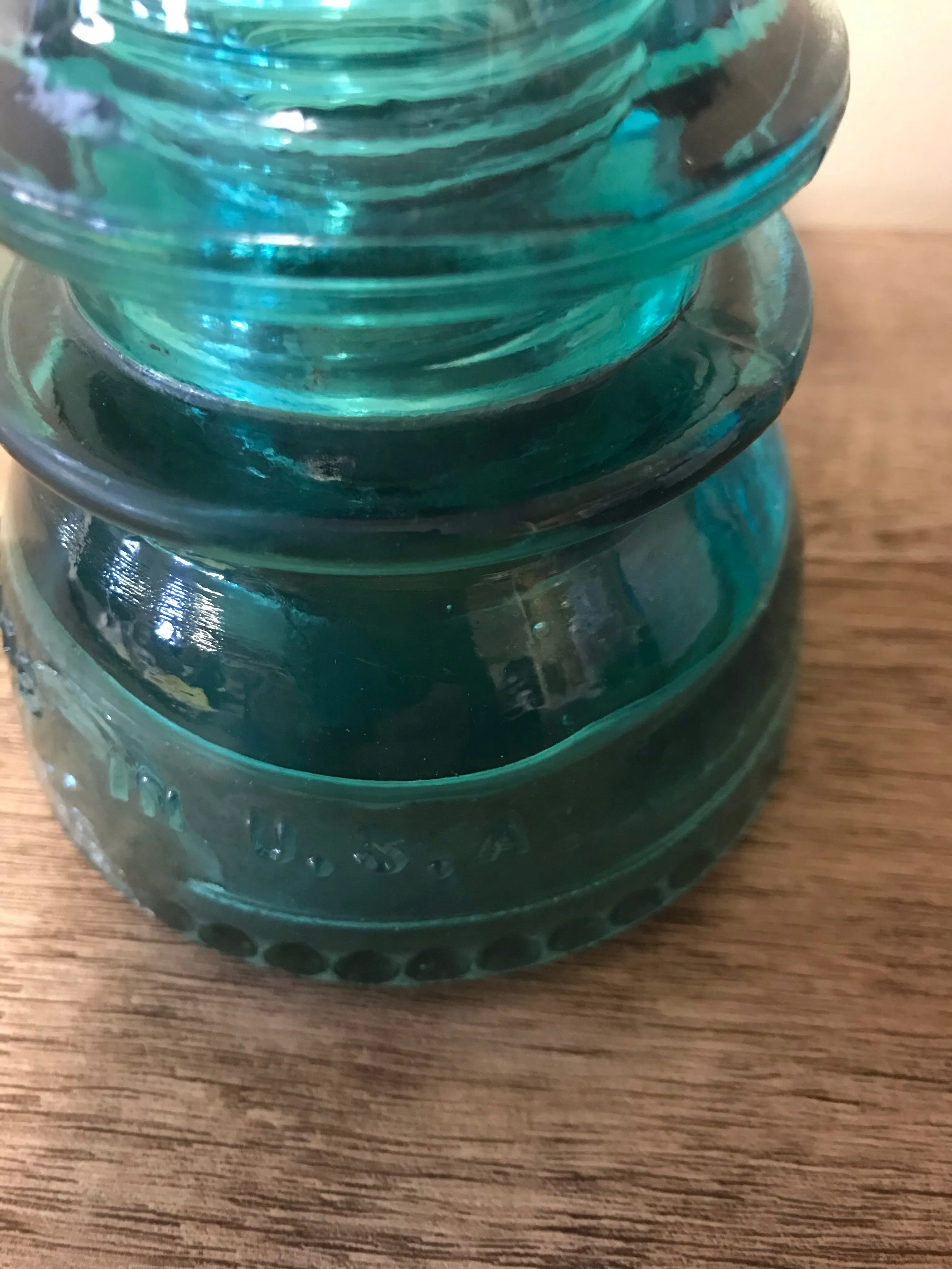 [L] <€€ Vintage Pair Set/2 4” Green Aqua Glass Hemingray USA Railroad Telephone Pole Insulators #40 #42
