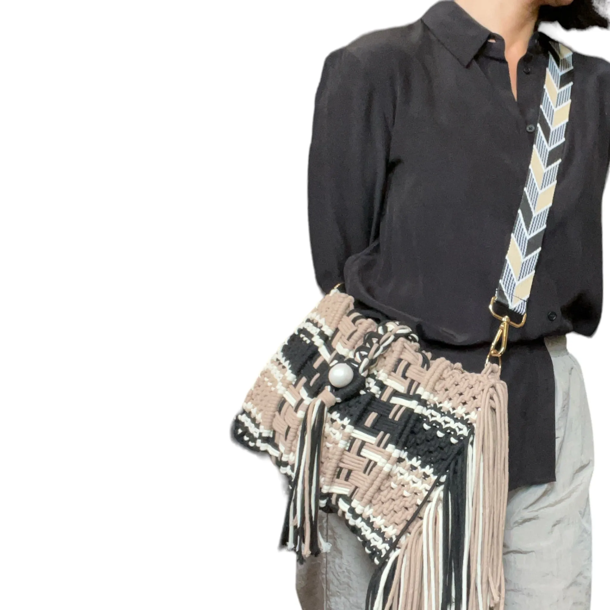 Mara Beige & Black Macrame Clutch & Shoulder Bag