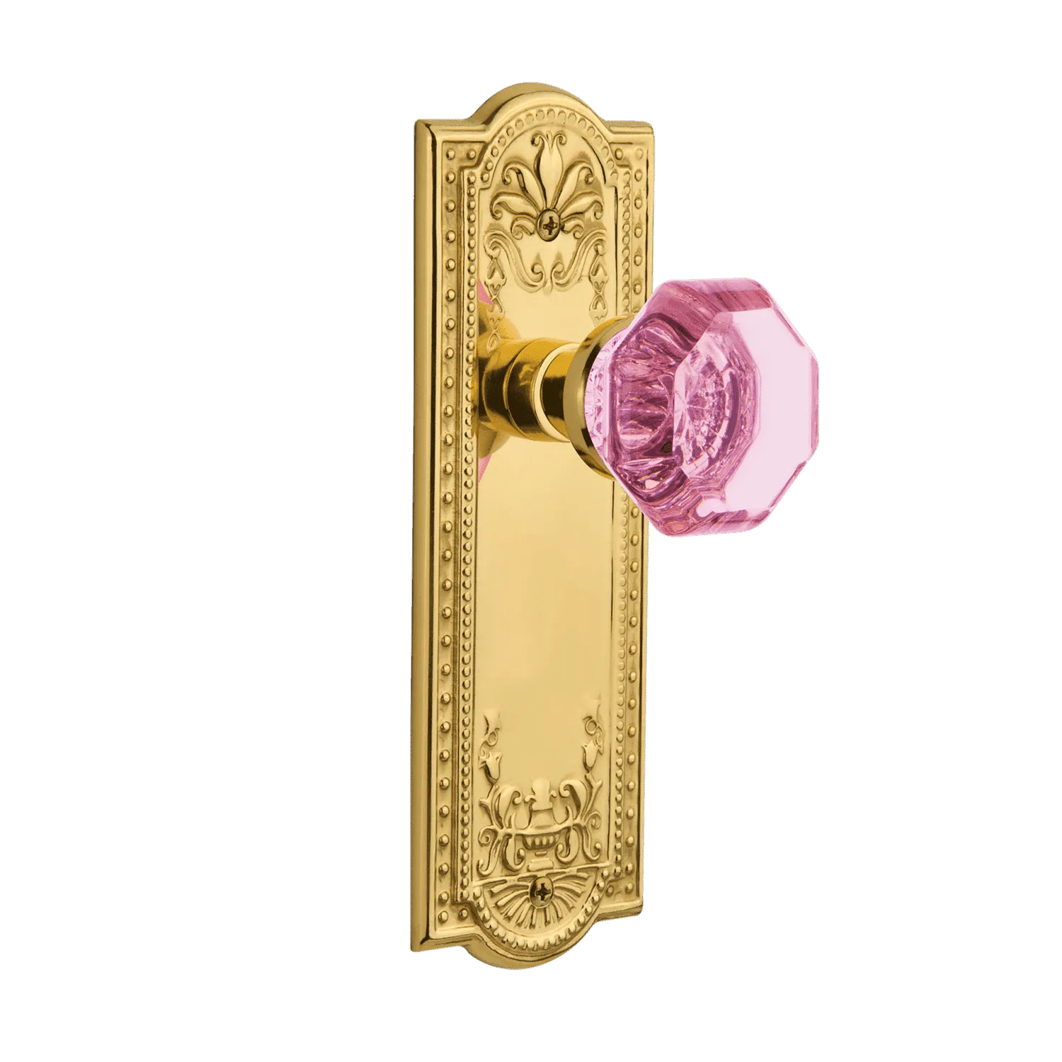 Meadows Long Plate with Pink Waldorf Knob in Polished Brass