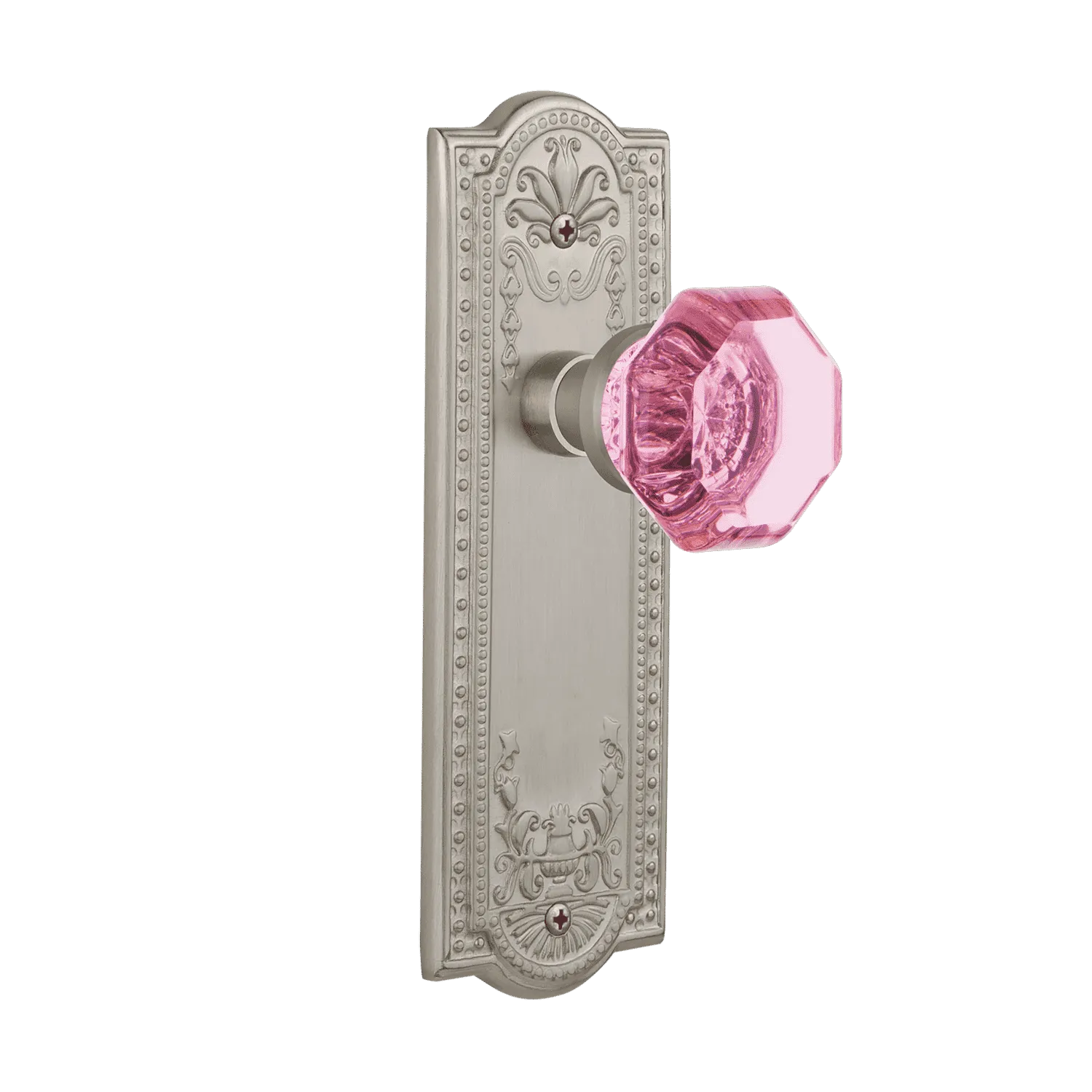 Meadows Long Plate with Pink Waldorf Knob in Satin Nickel