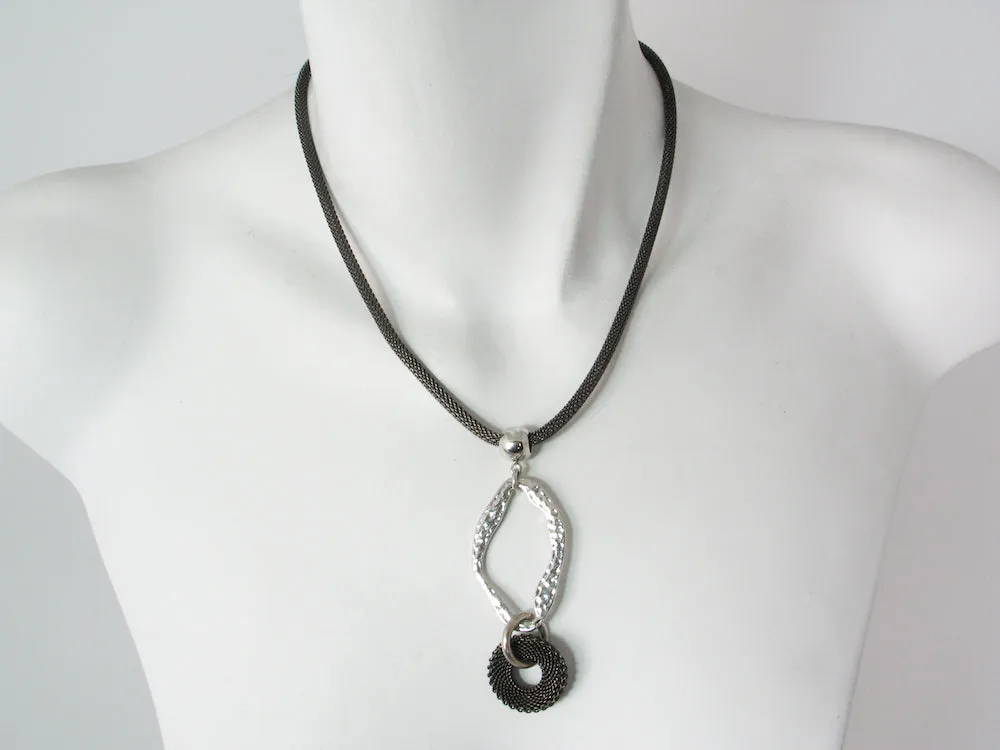 Mesh Necklace with Hammered Oval & Mesh Circle Drop