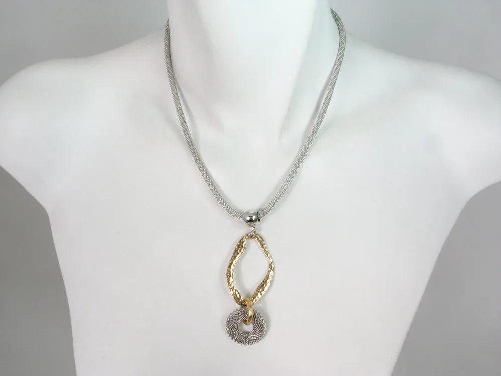 Mesh Necklace with Hammered Oval & Mesh Circle Drop