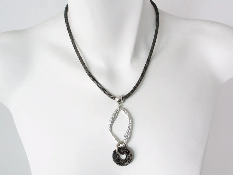 Mesh Necklace with Hammered Oval & Mesh Circle Drop