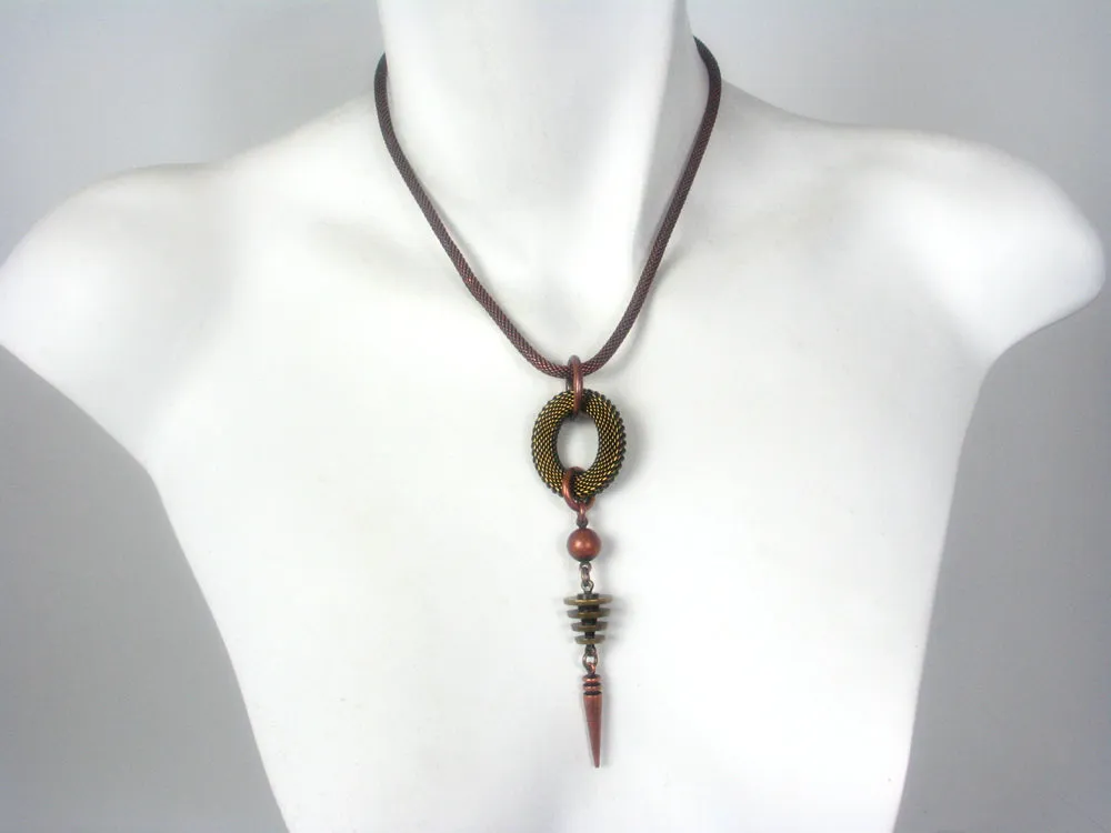 Mesh Necklace with Oval & Turned Geometric Drops