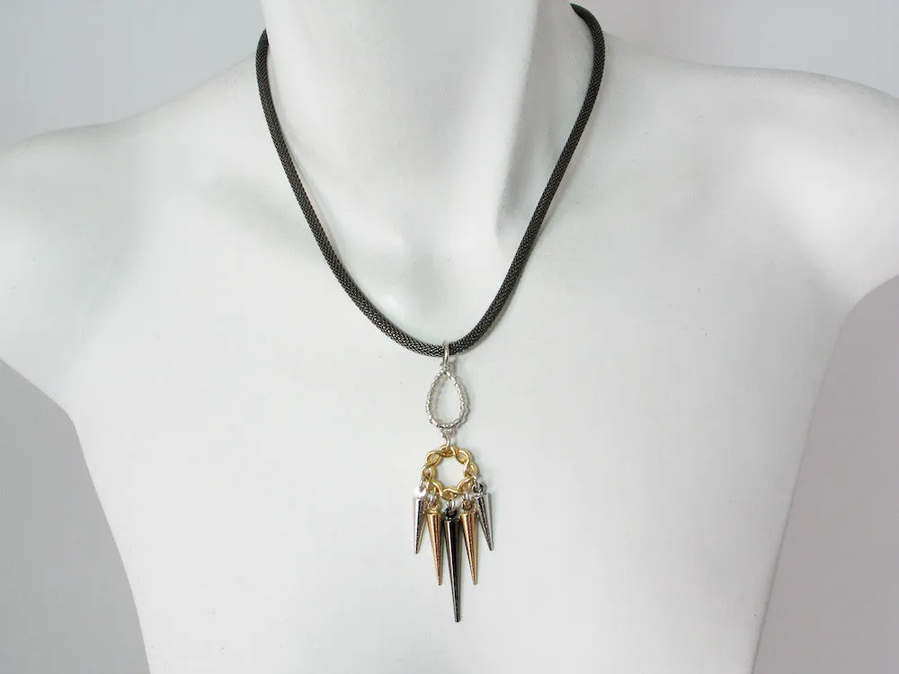 Mesh Necklace with Teardrop, Circle & Spike Pendant