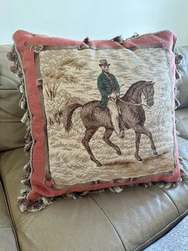 Needlepoint Pillow, Man on Horse, Tassel Fringe, Zip Enclosure
