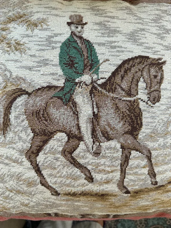 Needlepoint Pillow, Man on Horse, Tassel Fringe, Zip Enclosure