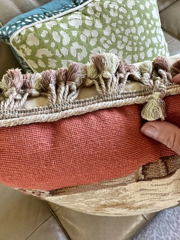 Needlepoint Pillow, Man on Horse, Tassel Fringe, Zip Enclosure