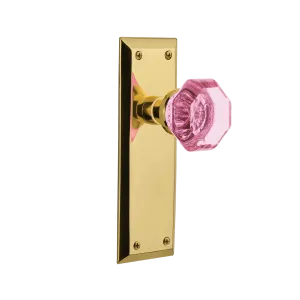 New York Long Plate with Pink Waldorf Knob in Unlacquered Brass