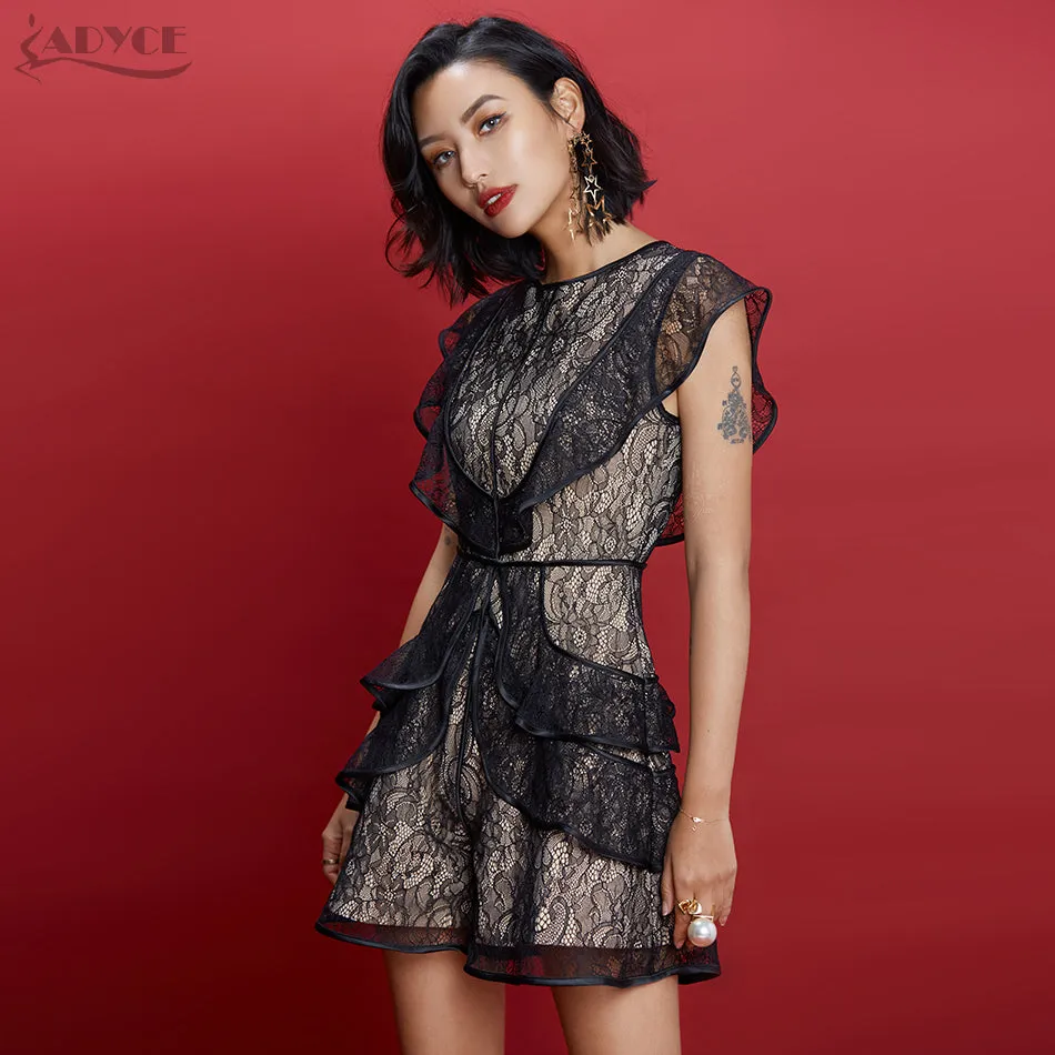 O-Neck Lace Mesh Ruffles Dress