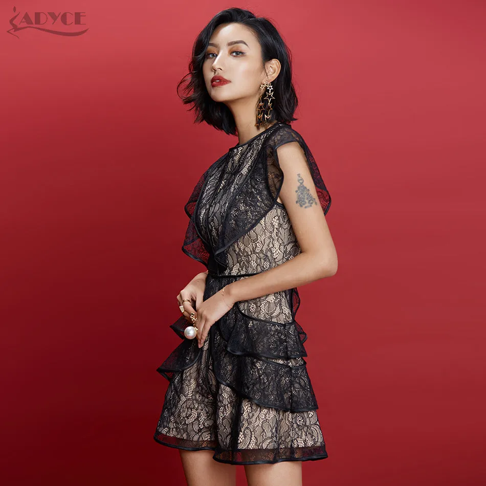 O-Neck Lace Mesh Ruffles Dress