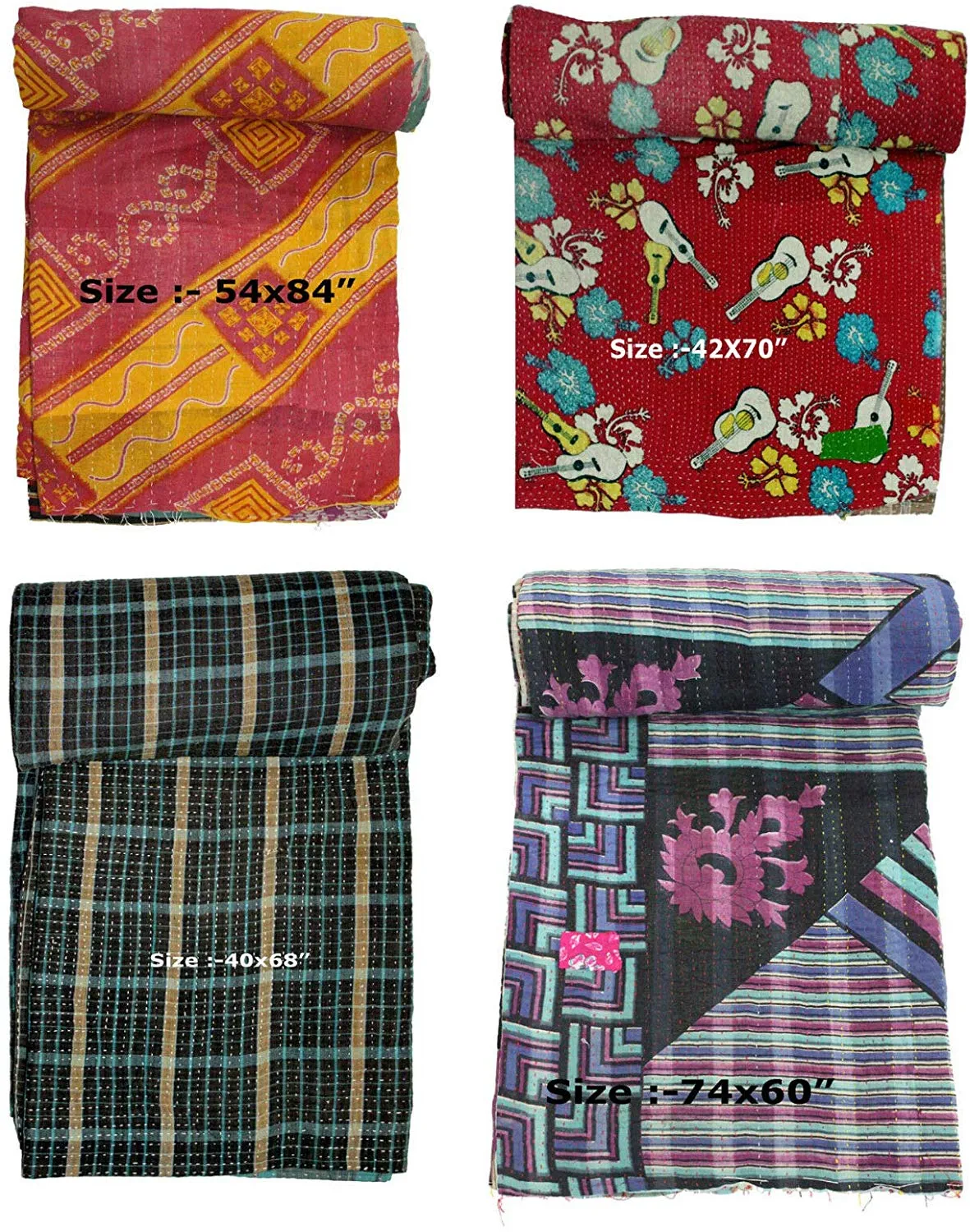 Old Vintage Kantha Sari 100%Cotton Throws Reversible Handmade Blanket