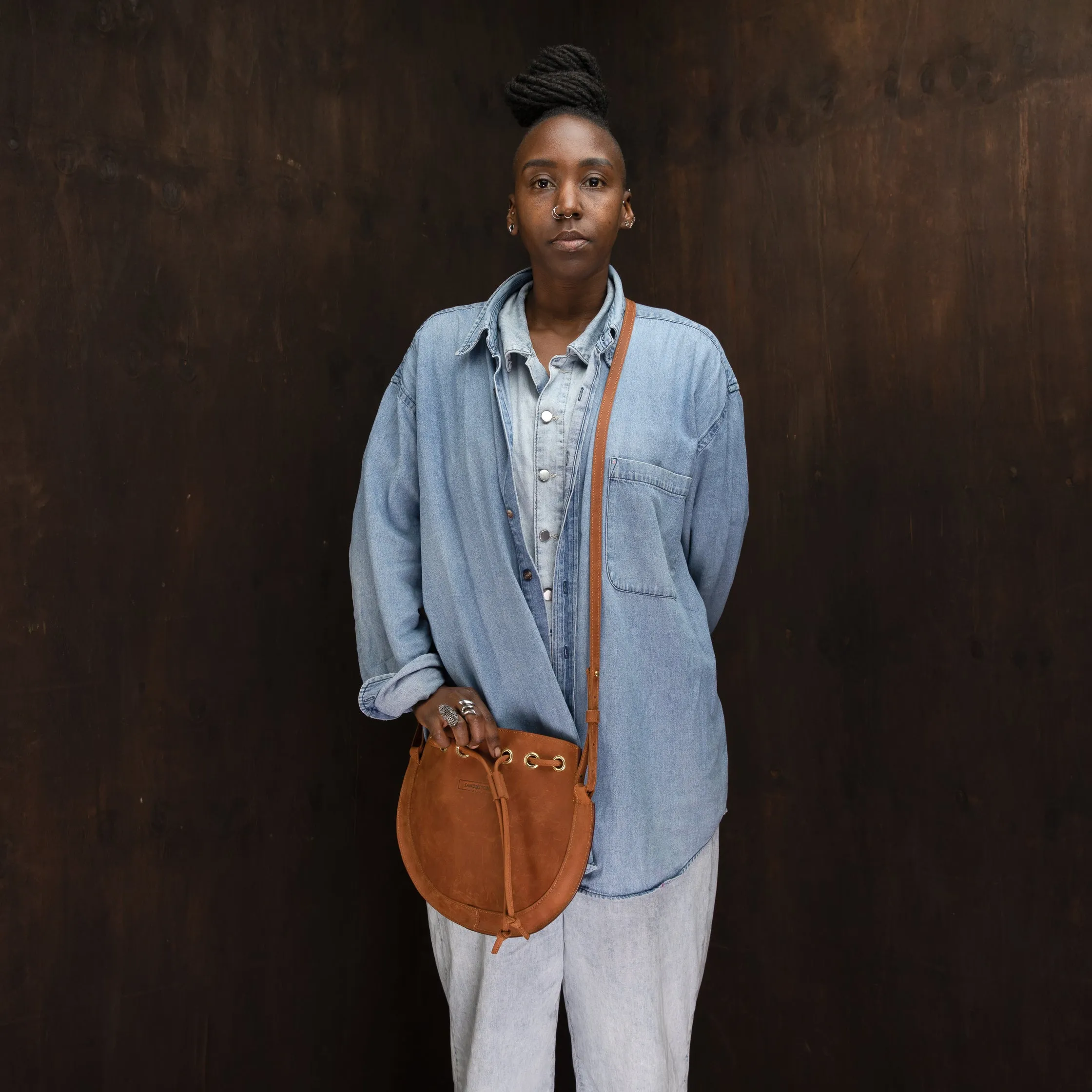 Pull-up Leather Bucket Crossbody Plain