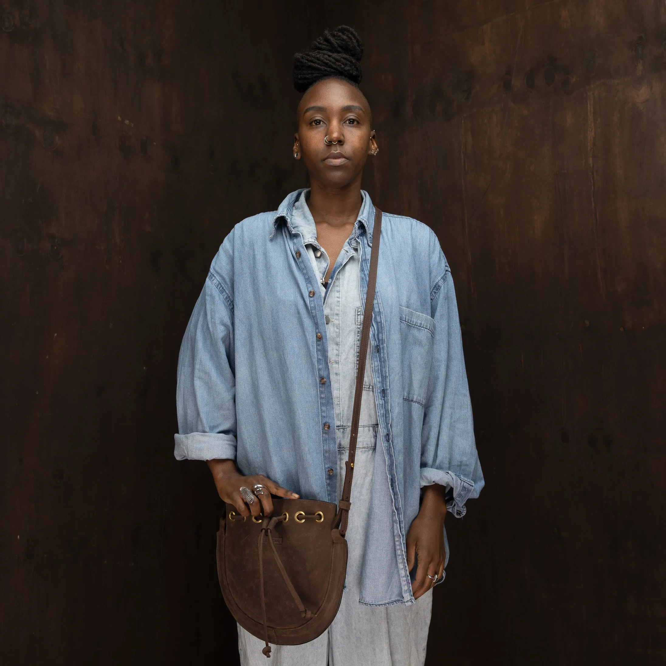 Pull-up Leather Bucket Crossbody Plain