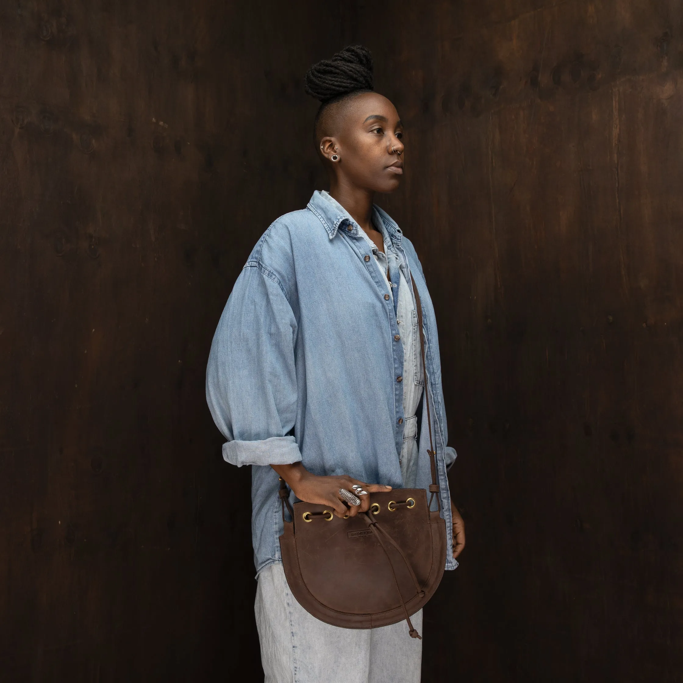 Pull-up Leather Bucket Crossbody Plain