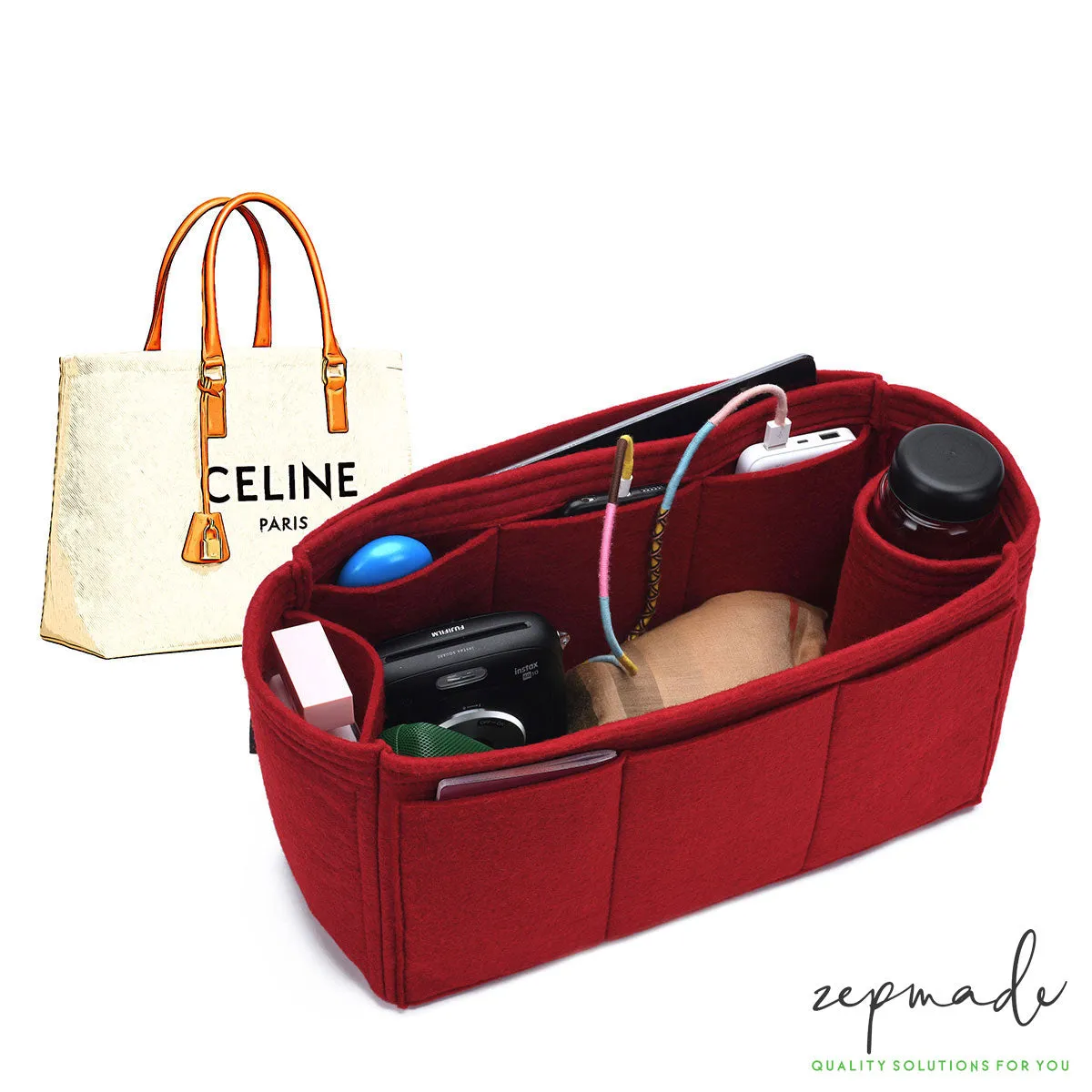 Purse Organizer Insert for Celine Horizontal Cabas, Bag Organizer with Single Bottle Holder and Exterior Pockets