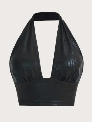 SHEIN ICON Plus Crocodile Embossed Backless Crop Halter Top