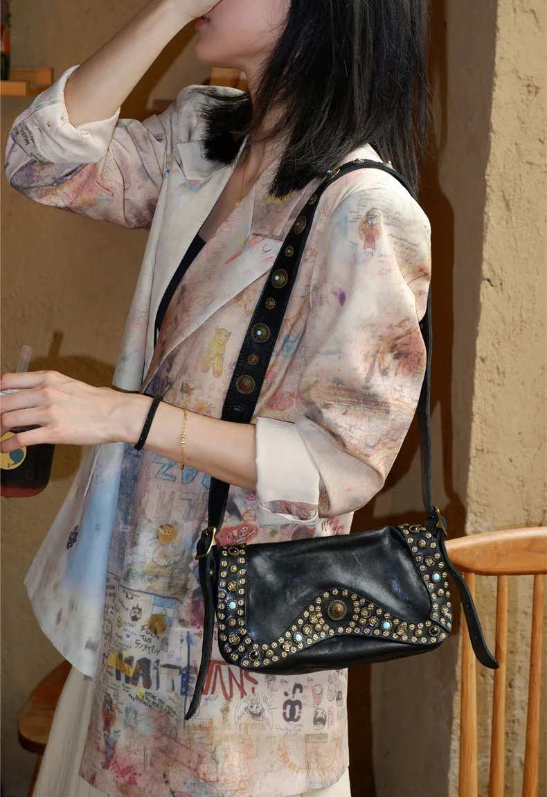 Small Ladies Soft Leather Shoulder Bags Crossbody Hobo Bag With Rivets