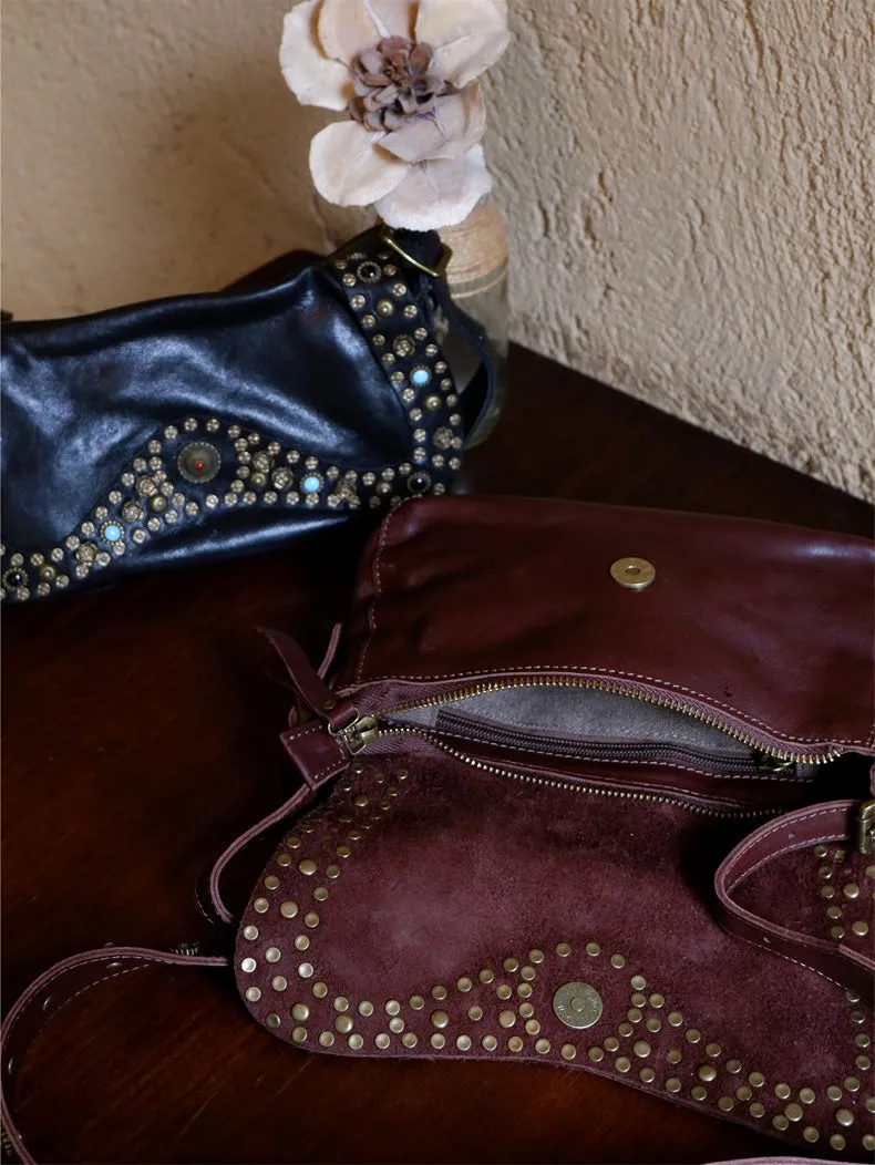 Small Ladies Soft Leather Shoulder Bags Crossbody Hobo Bag With Rivets