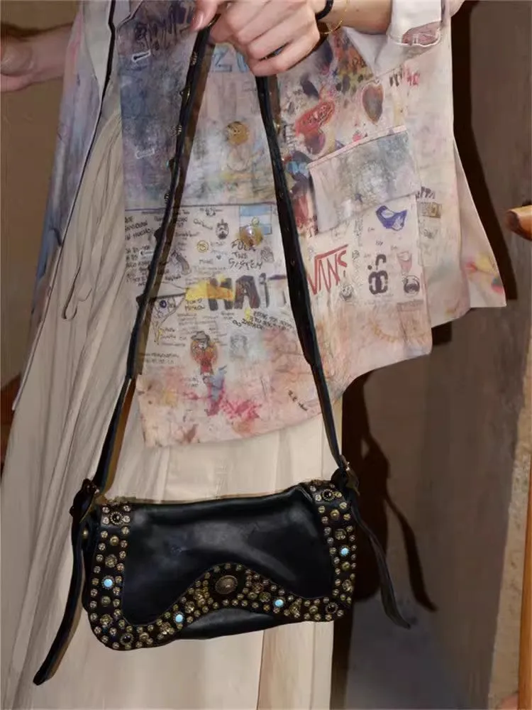 Small Ladies Soft Leather Shoulder Bags Crossbody Hobo Bag With Rivets