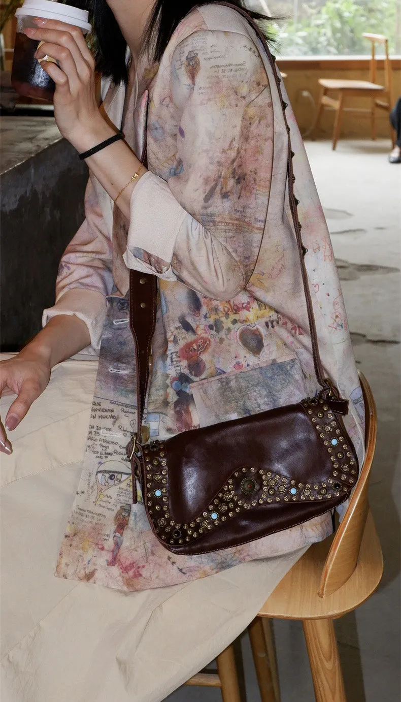 Small Ladies Soft Leather Shoulder Bags Crossbody Hobo Bag With Rivets