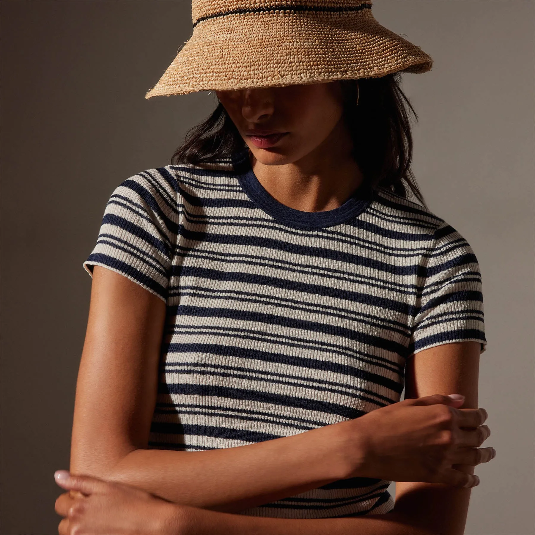 Stretch Linen Ribbed Tee - Canvas/Navy Stripe