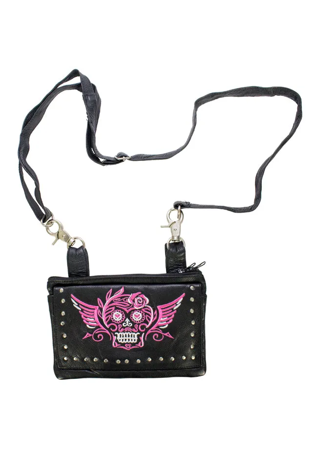 Studded Pink & White Sugar Skull Naked Cowhide Leather Belt Bag