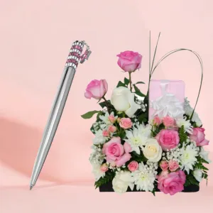 Swarovski Ballpoint Pen Star, Pink, Chrome Plated with Flowers Arrangement