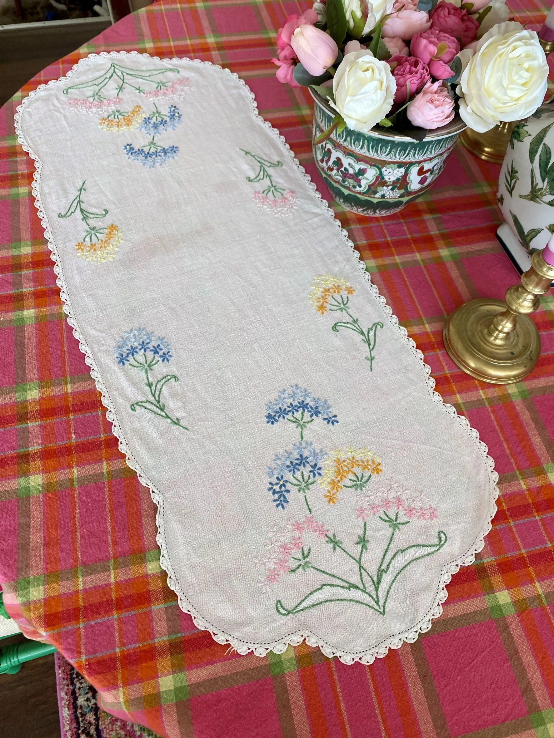 Table Linen Hand Stitched, cross stitch Hydrangeas
