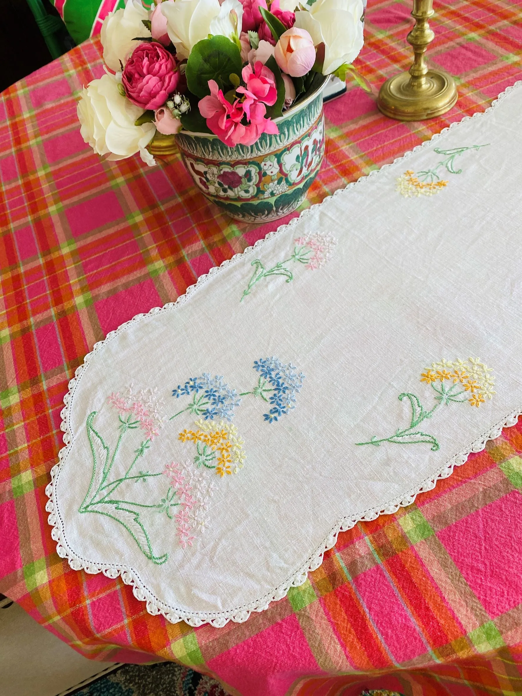 Table Linen Hand Stitched, cross stitch Hydrangeas