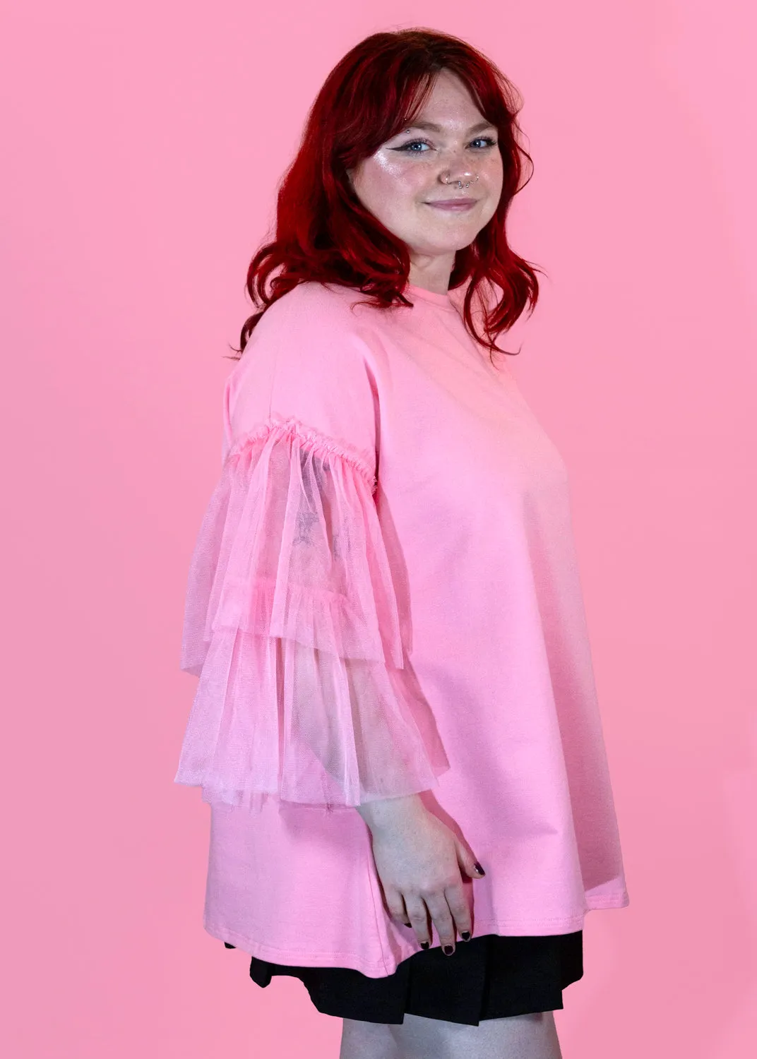 The Edit - Oversized Blush Pink Tulle Sleeve Top